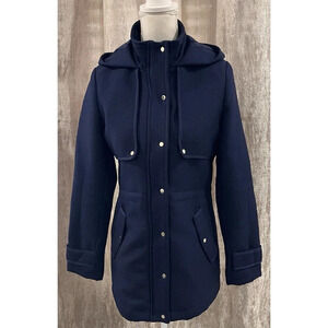 Morgan de Toi Navy Blue Hooded Parka Jacket Marine Textured Snap Front Size 38